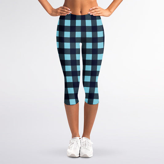 Blue Buffalo Check Pattern Print Women's Capri Leggings