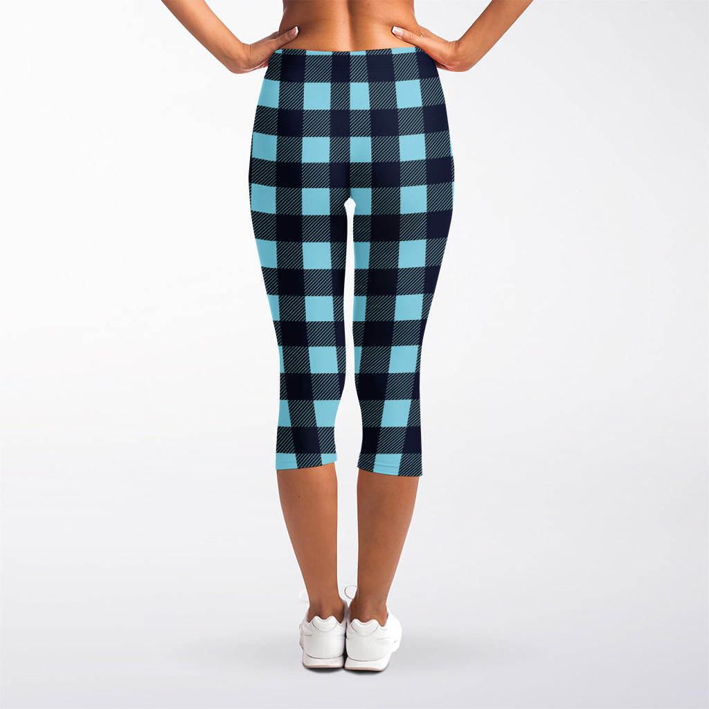 Blue Buffalo Check Pattern Print Women's Capri Leggings