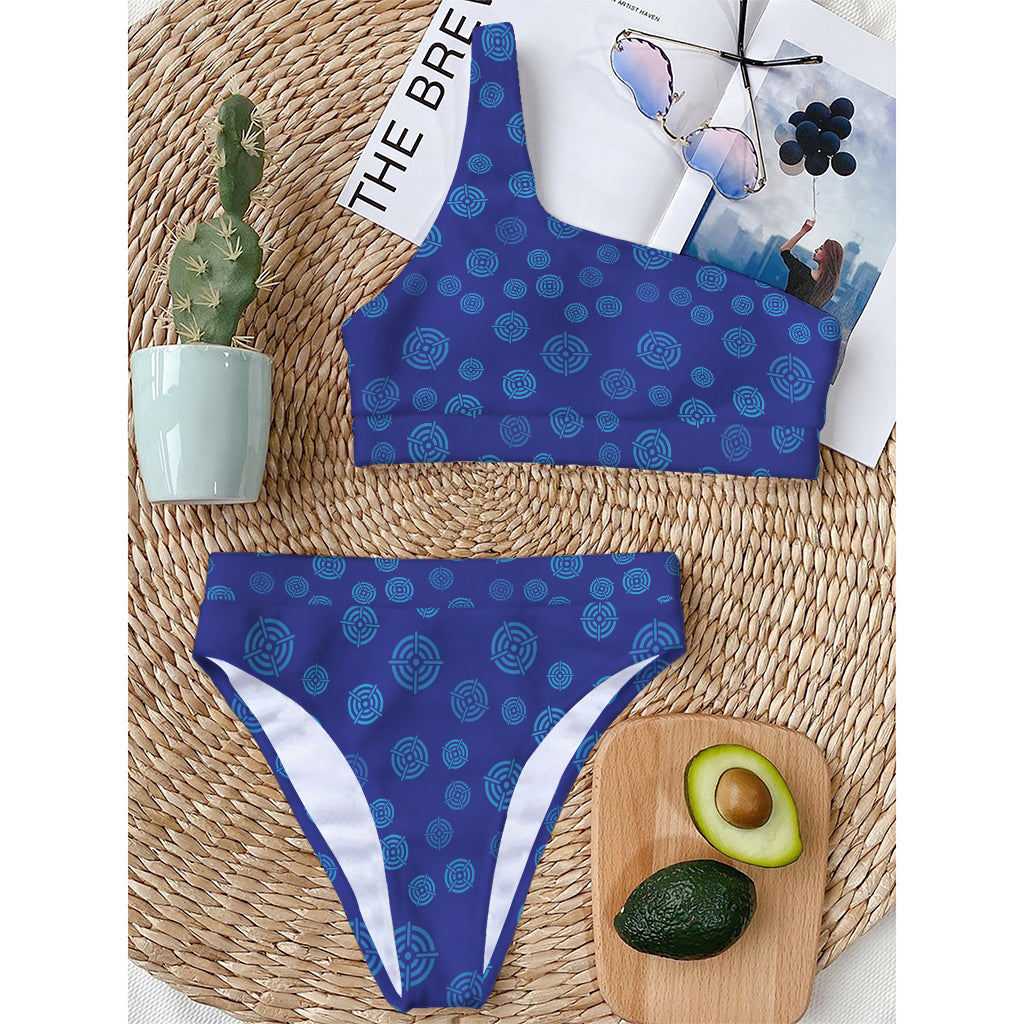 Blue Bullseye Target Pattern Print One Shoulder Bikini Top