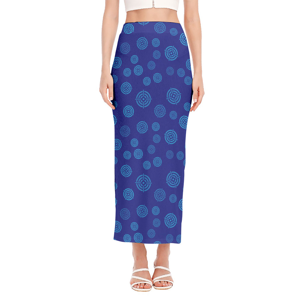 Blue Bullseye Target Pattern Print Side Slit Maxi Skirt
