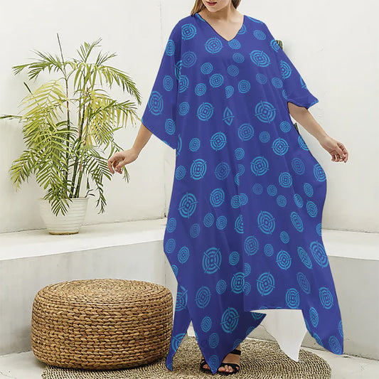 Blue Bullseye Target Pattern Print Silk V-Neck Kaftan Dress