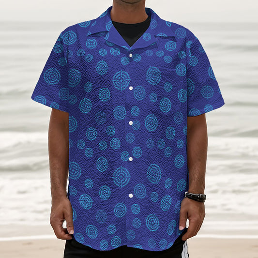 Blue Bullseye Target Pattern Print Textured Short Sleeve Shirt