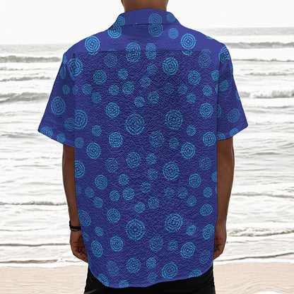 Blue Bullseye Target Pattern Print Textured Short Sleeve Shirt