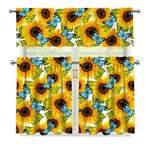 Blue Butterfly Sunflower Pattern Print 3 Piece Kitchen Curtains