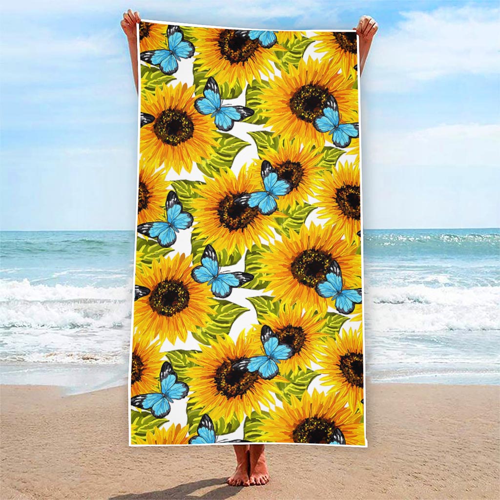 Blue Butterfly Sunflower Pattern Print Beach Towel