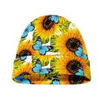 Blue Butterfly Sunflower Pattern Print Beanie