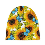 Blue Butterfly Sunflower Pattern Print Beanie