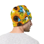 Blue Butterfly Sunflower Pattern Print Beanie