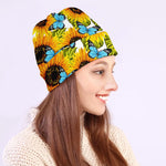 Blue Butterfly Sunflower Pattern Print Beanie