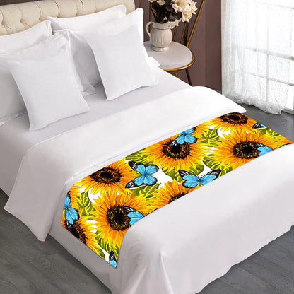 Blue Butterfly Sunflower Pattern Print Bed Runner