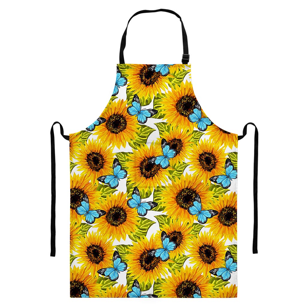 Blue Butterfly Sunflower Pattern Print Bib Apron With Pocket