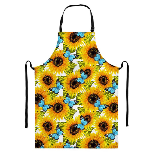Blue Butterfly Sunflower Pattern Print Bib Apron With Pocket