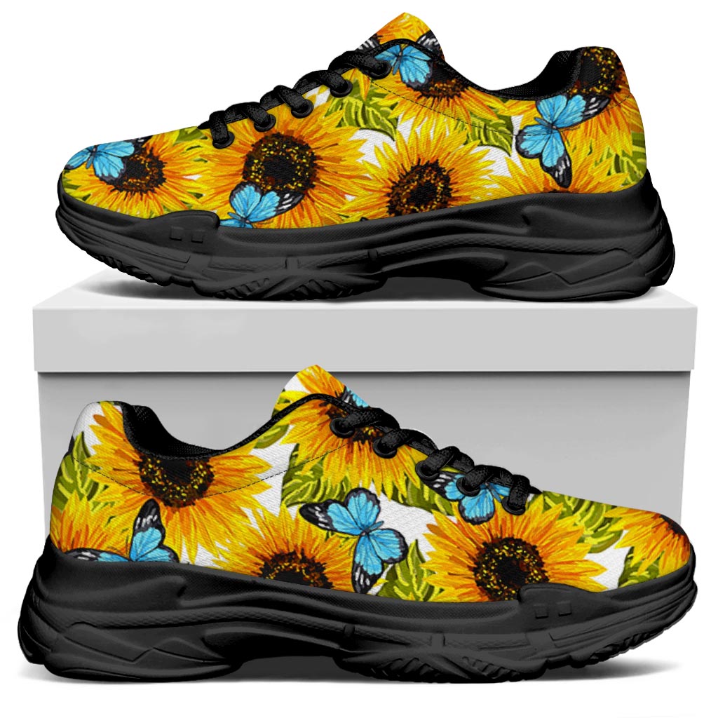 Blue Butterfly Sunflower Pattern Print Black Chunky Shoes