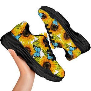 Blue Butterfly Sunflower Pattern Print Black Chunky Shoes