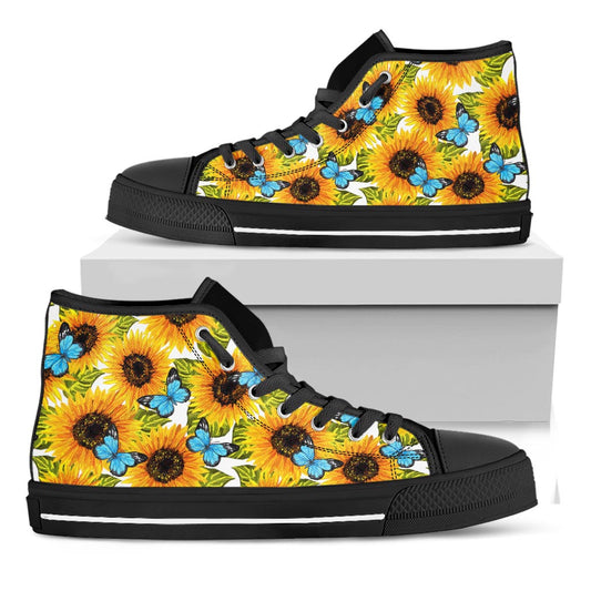 Blue Butterfly Sunflower Pattern Print Black High Top Sneakers