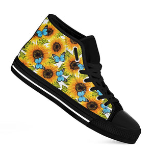 Blue Butterfly Sunflower Pattern Print Black High Top Sneakers