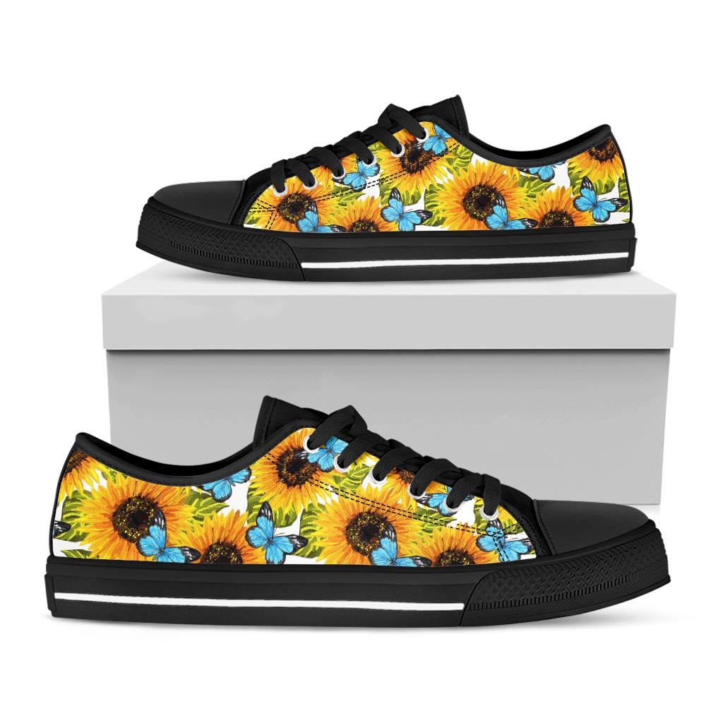 Blue Butterfly Sunflower Pattern Print Black Low Top Sneakers