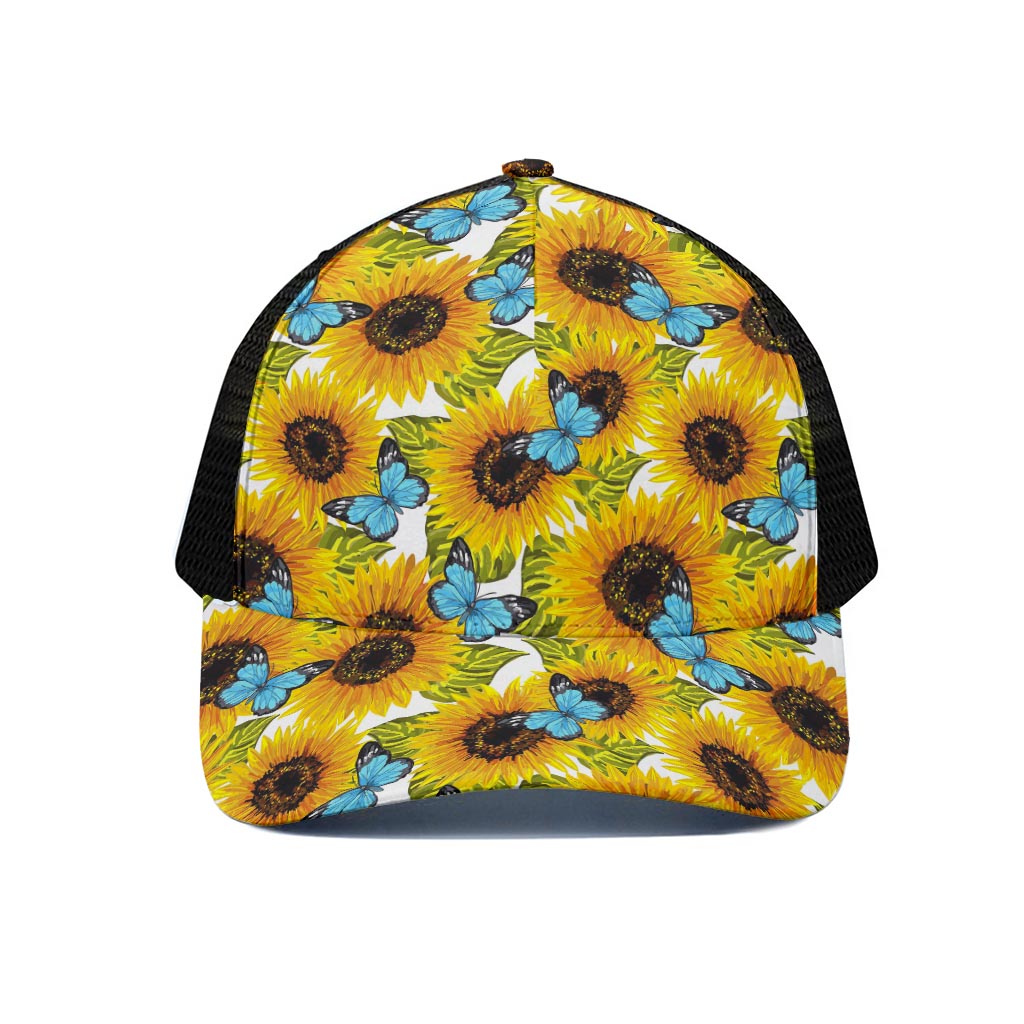 Blue Butterfly Sunflower Pattern Print Black Mesh Trucker Cap
