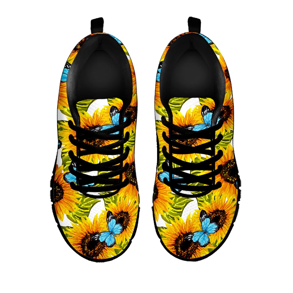 Blue Butterfly Sunflower Pattern Print Black Running Shoes