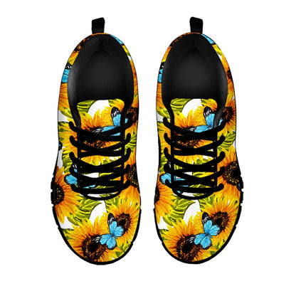 Blue Butterfly Sunflower Pattern Print Black Running Shoes