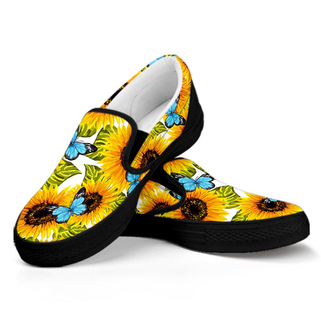 Blue Butterfly Sunflower Pattern Print Black Slip On Sneakers