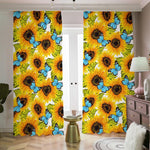 Blue Butterfly Sunflower Pattern Print Blackout Pencil Pleat Curtains