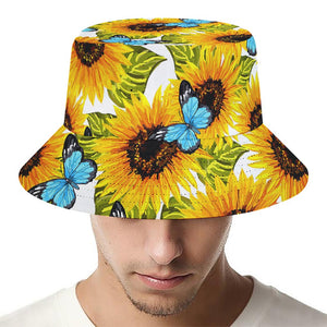 Blue Butterfly Sunflower Pattern Print Bucket Hat