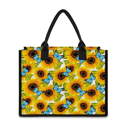 Blue Butterfly Sunflower Pattern Print Canvas Tote Bag