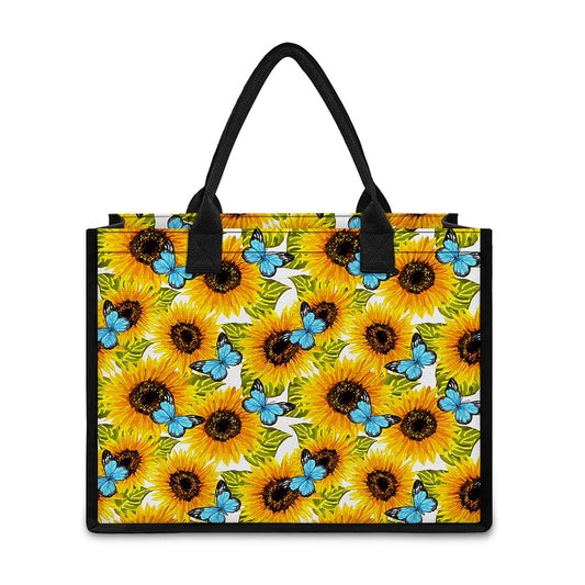 Blue Butterfly Sunflower Pattern Print Canvas Tote Bag