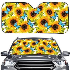 Blue Butterfly Sunflower Pattern Print Car Windshield Sun Shade