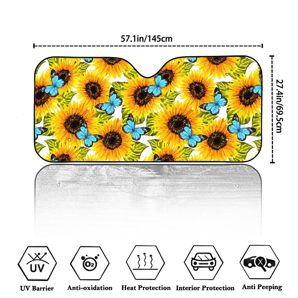 Blue Butterfly Sunflower Pattern Print Car Windshield Sun Shade