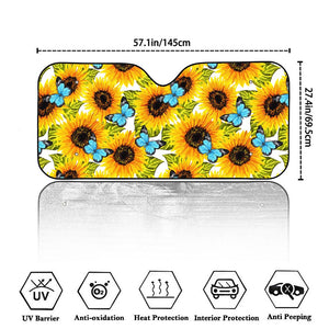 Blue Butterfly Sunflower Pattern Print Car Windshield Sun Shade