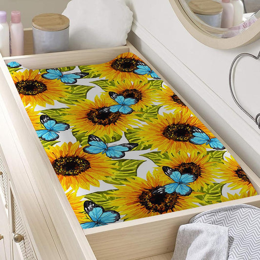 Blue Butterfly Sunflower Pattern Print Changing Pad Cover