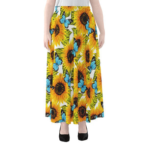 Blue Butterfly Sunflower Pattern Print Chiffon Maxi Skirt