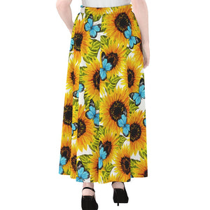 Blue Butterfly Sunflower Pattern Print Chiffon Maxi Skirt