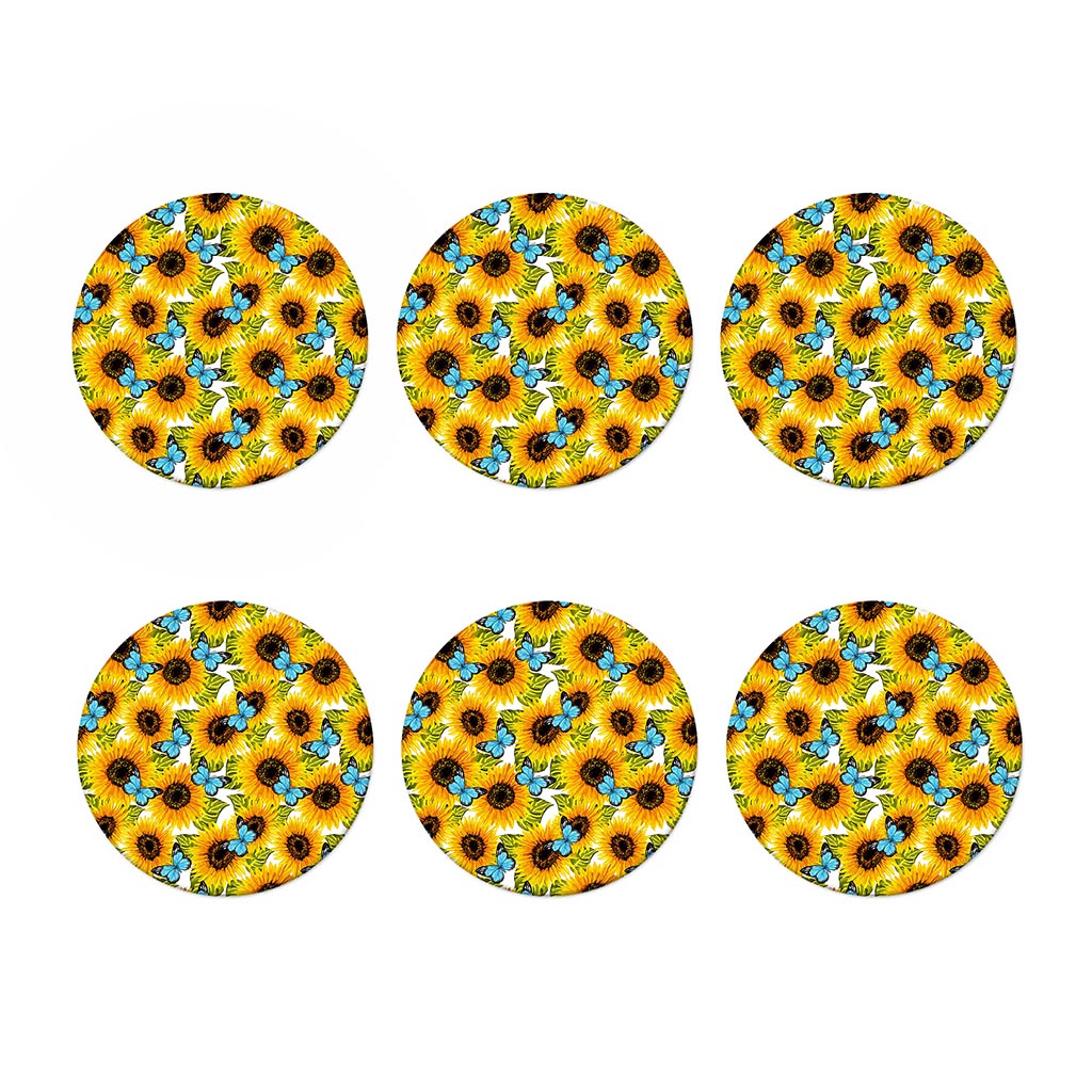 Blue Butterfly Sunflower Pattern Print Coaster Set