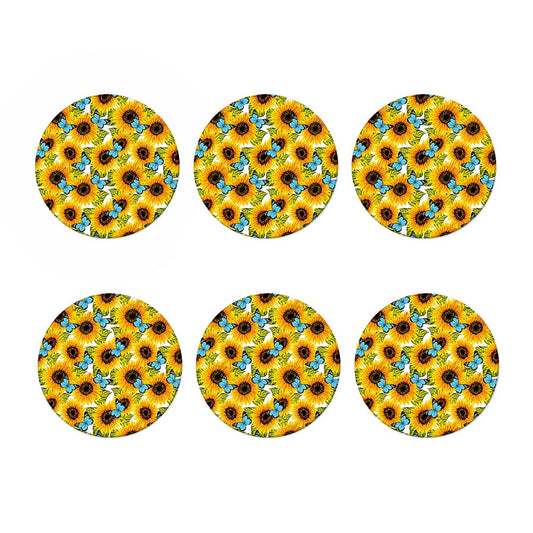 Blue Butterfly Sunflower Pattern Print Coaster Set