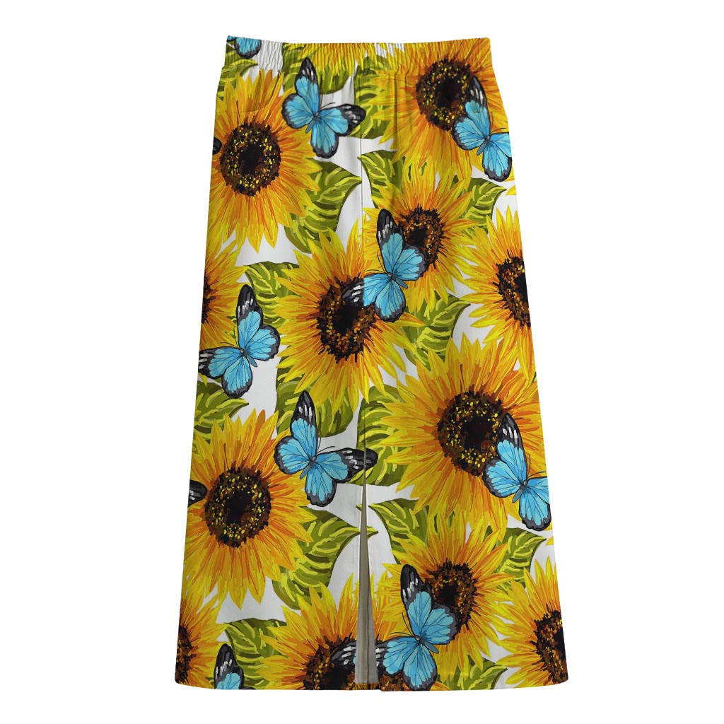 Blue Butterfly Sunflower Pattern Print Cotton Front Slit Maxi Skirt