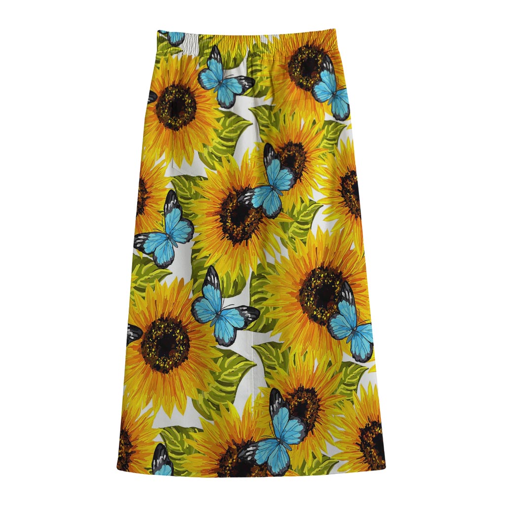 Blue Butterfly Sunflower Pattern Print Cotton Front Slit Maxi Skirt