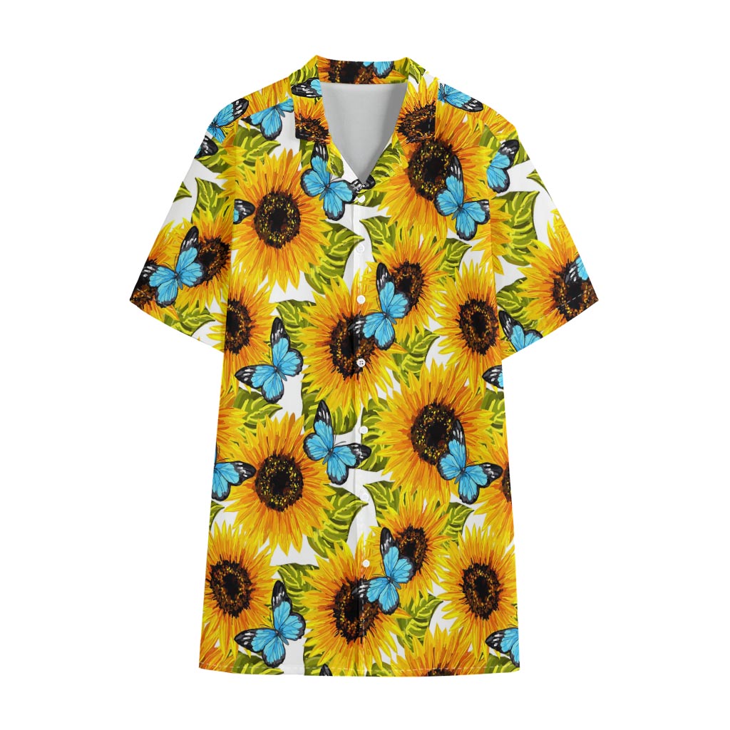 Blue Butterfly Sunflower Pattern Print Cotton Hawaiian Shirt