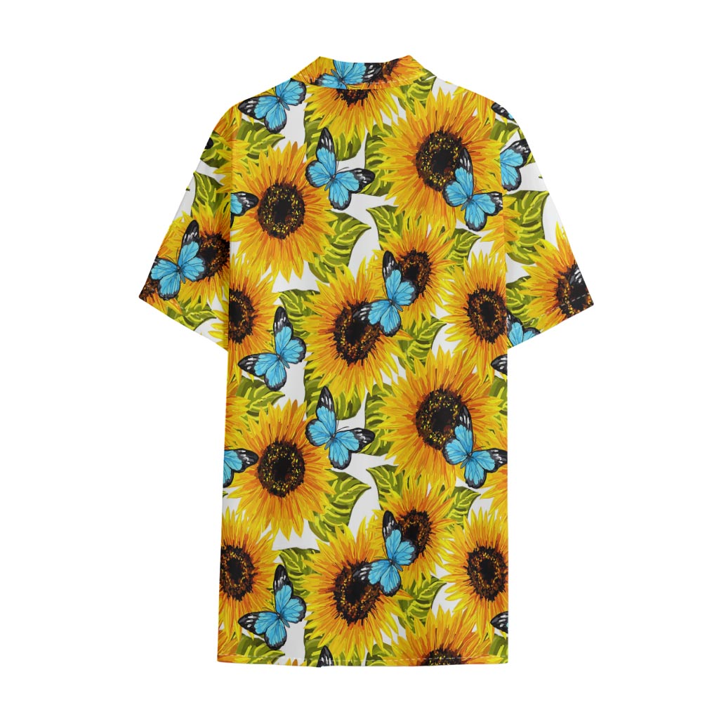 Blue Butterfly Sunflower Pattern Print Cotton Hawaiian Shirt