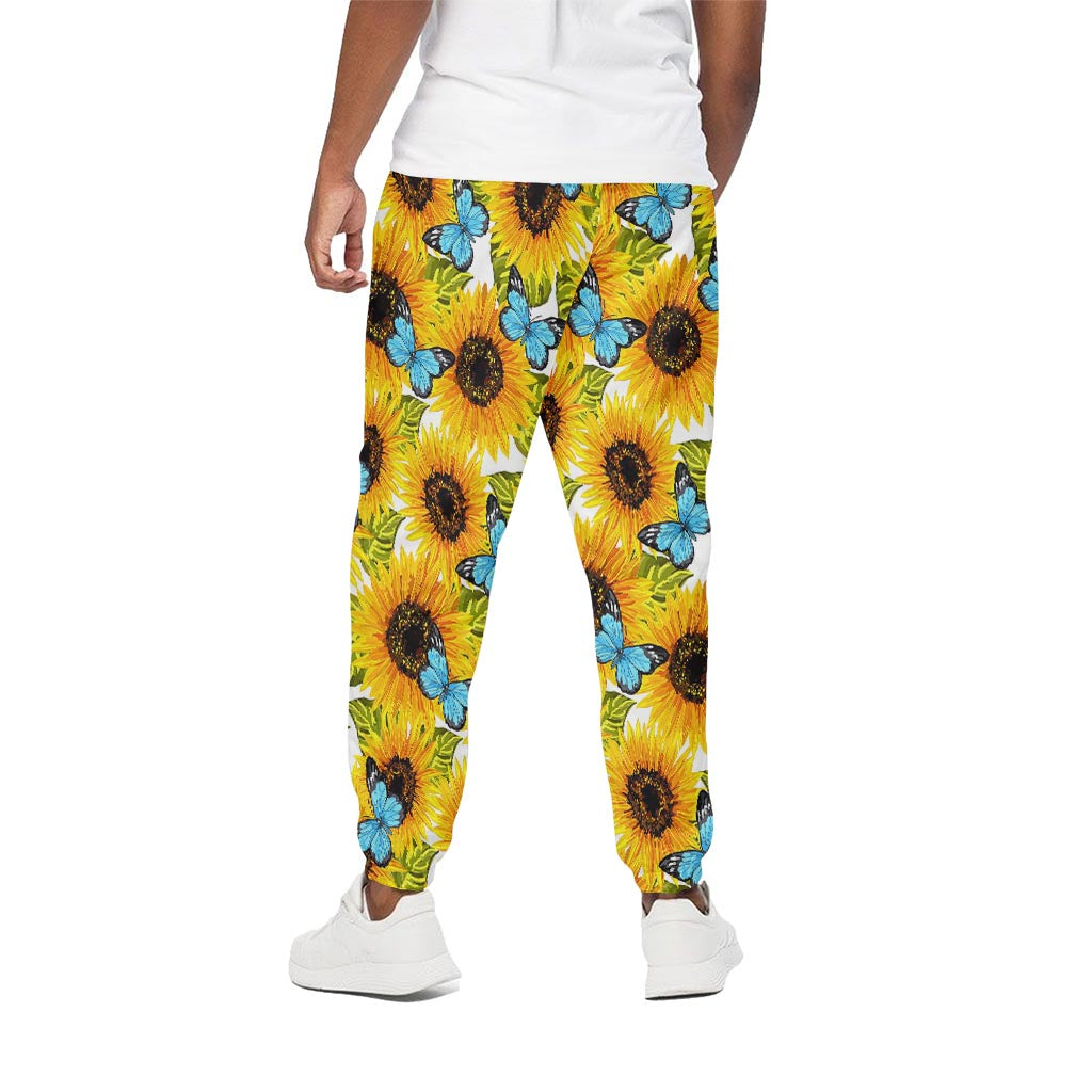 Blue Butterfly Sunflower Pattern Print Cotton Pants
