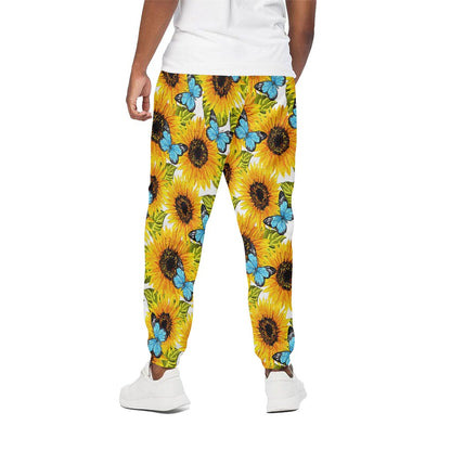 Blue Butterfly Sunflower Pattern Print Cotton Pants