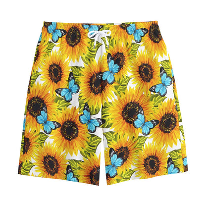 Blue Butterfly Sunflower Pattern Print Cotton Shorts