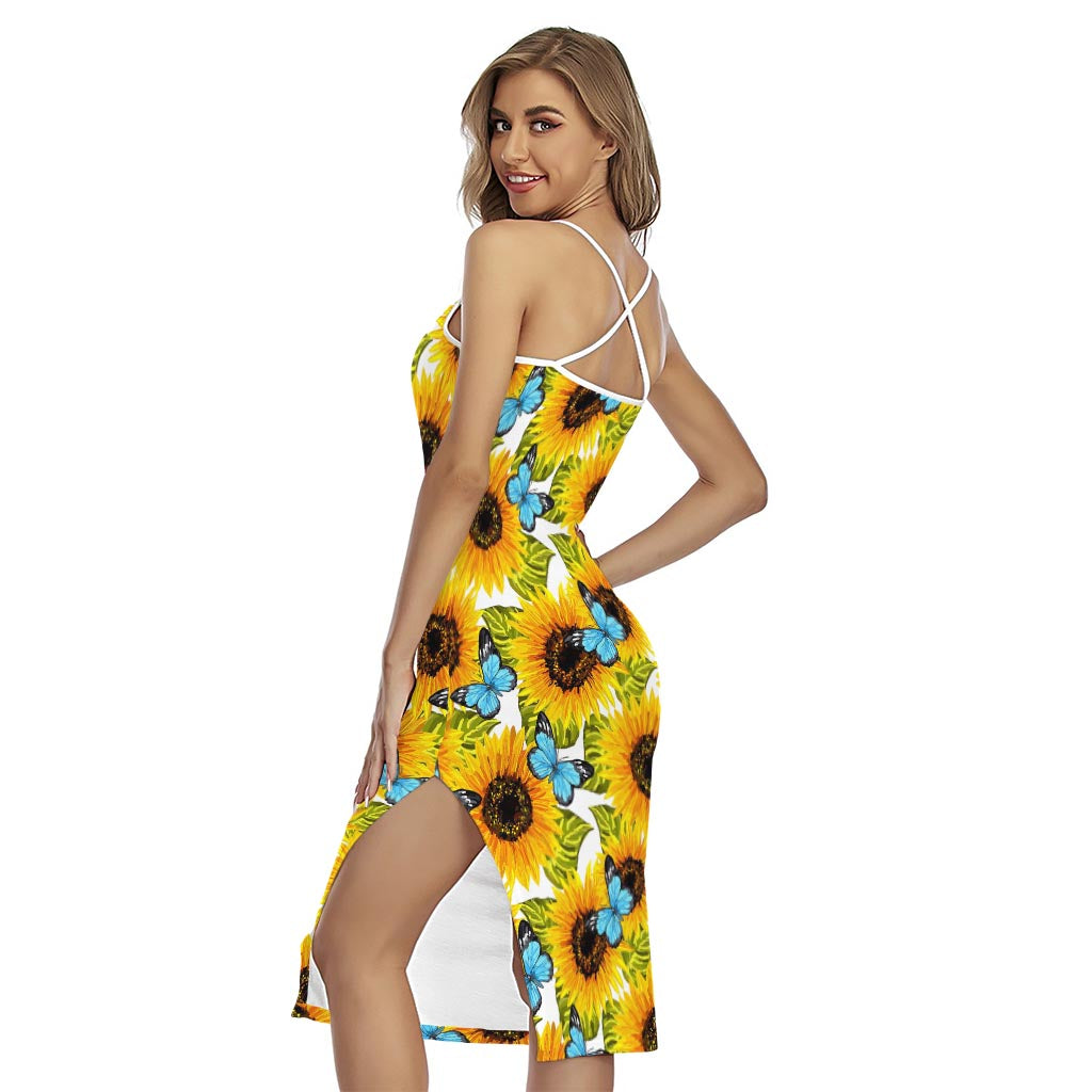 Blue Butterfly Sunflower Pattern Print Cross Back Cami Dress