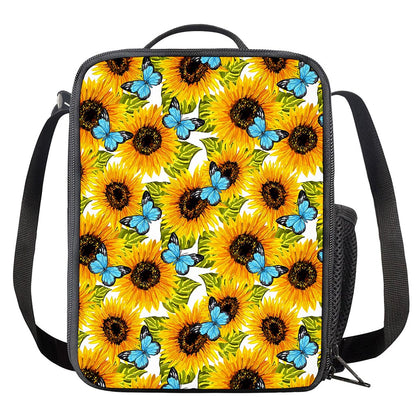Blue Butterfly Sunflower Pattern Print Crossbody Lunch Bag