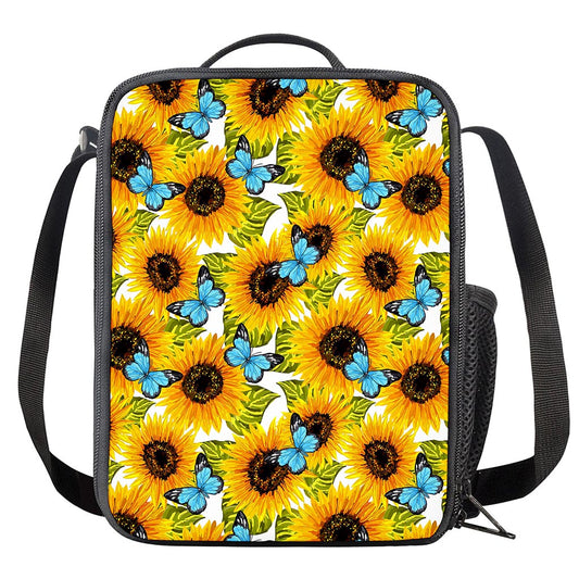 Blue Butterfly Sunflower Pattern Print Crossbody Lunch Bag