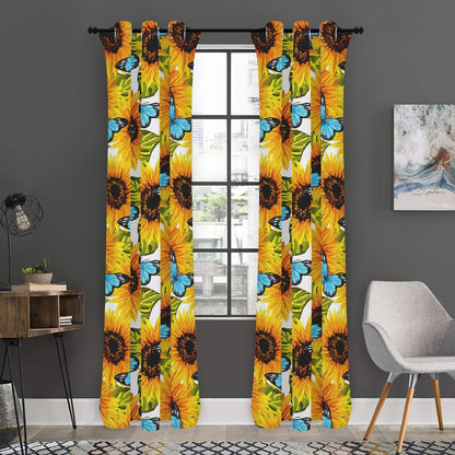 Blue Butterfly Sunflower Pattern Print Curtain