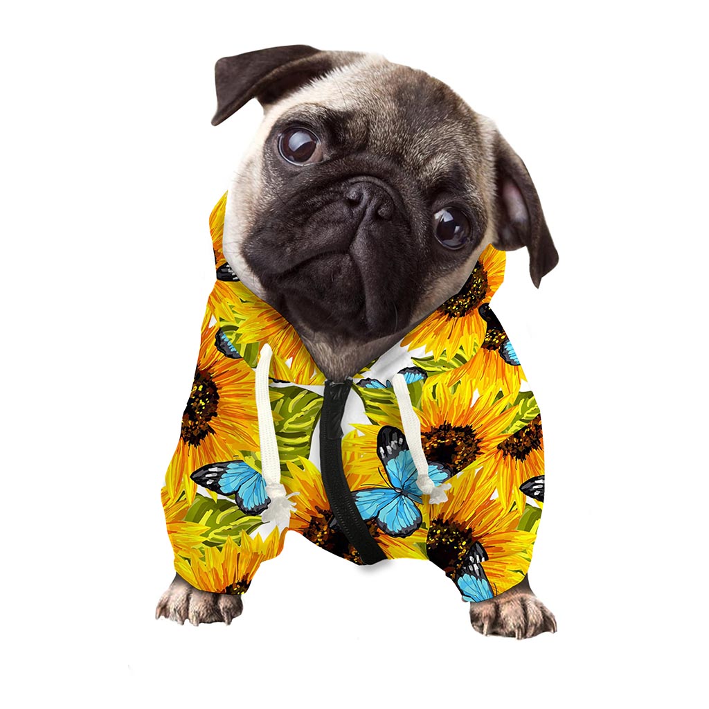 Blue Butterfly Sunflower Pattern Print Dog Zip Up Hoodie