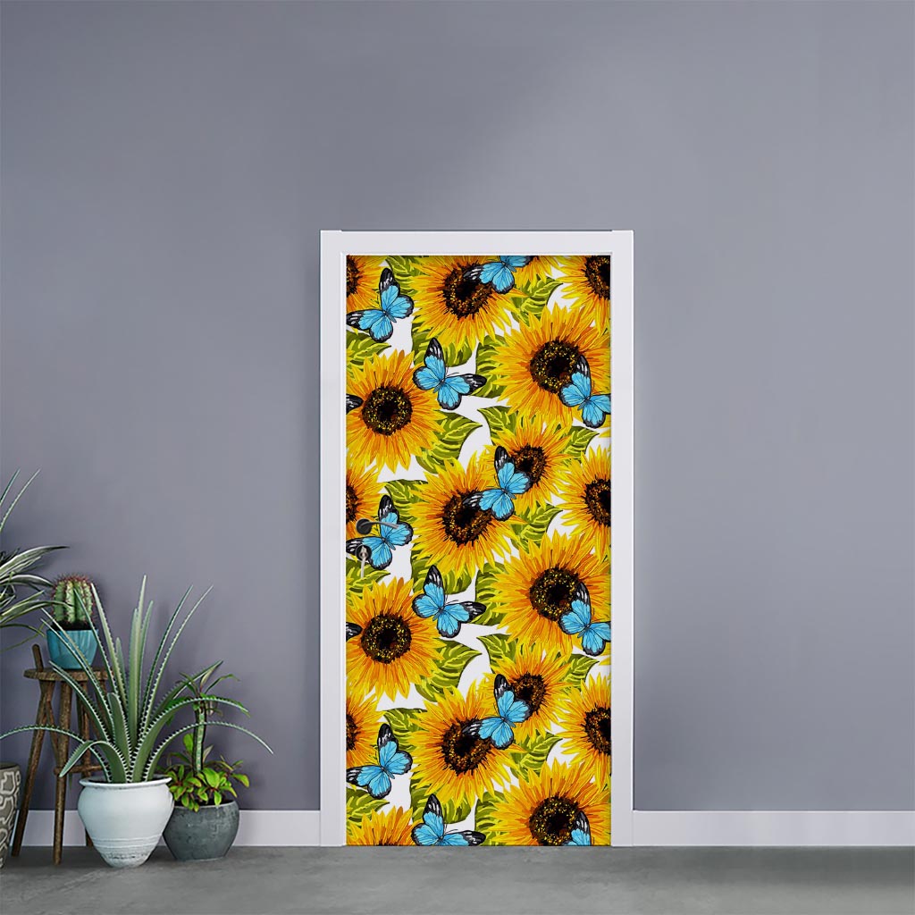 Blue Butterfly Sunflower Pattern Print Door Sticker